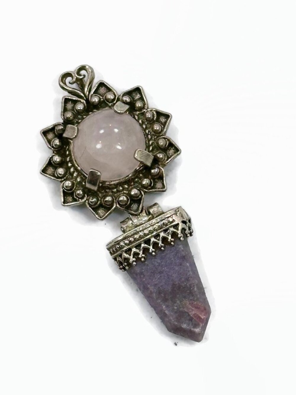 Vintage Pendant, Rose Quartz, Sterling Silver, Lepidolite, Pink, Purple